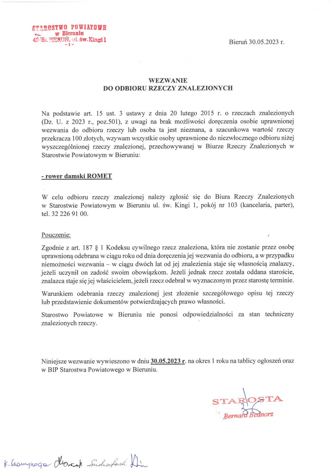 Wezwanie do odbioru rzeczy znalezionej